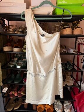 Allen B. by Allen Schwartz One-Shoulder Ivory Satin Dress with Beaded Accents